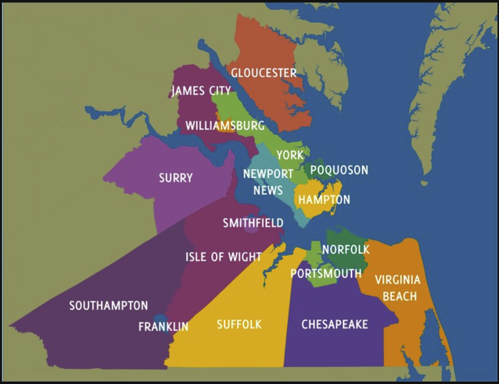 Map of the Hampton Roads region showing all 17 municipalities