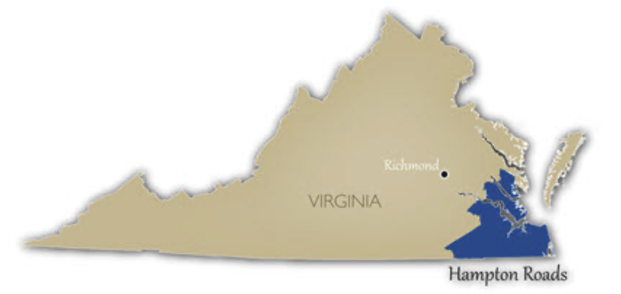Map of Virginia with Hampton Roads highlighted in navy blue